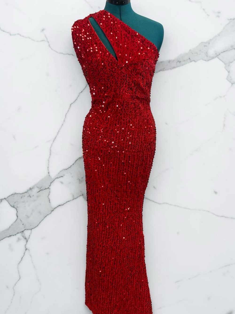 Red Sequin One-Shoulder Evening Gown